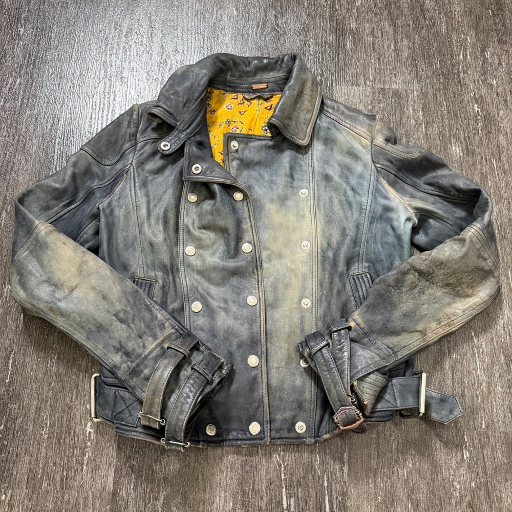 Free People Leather Jacket Women S Grey Distressed Moto Biker Lambskin Double